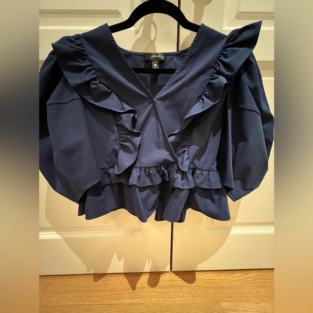 Aqua Ruffle Balloon Sleeve Top